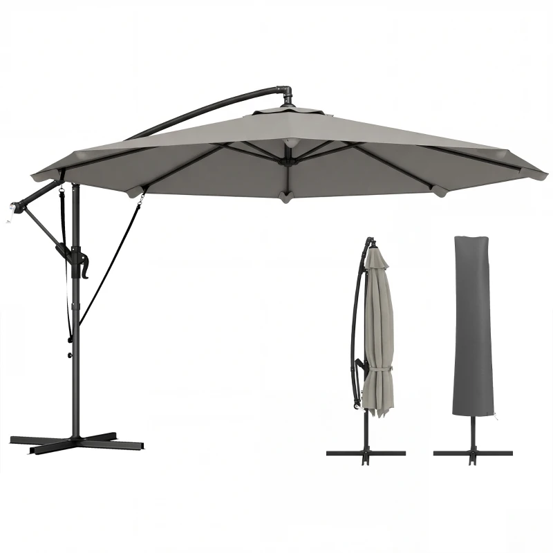 Outsunny 3 m Cantilever Parasol with Protective Cover and Wind Ropes, Banana Parasol with Crank Handle, Light Grey