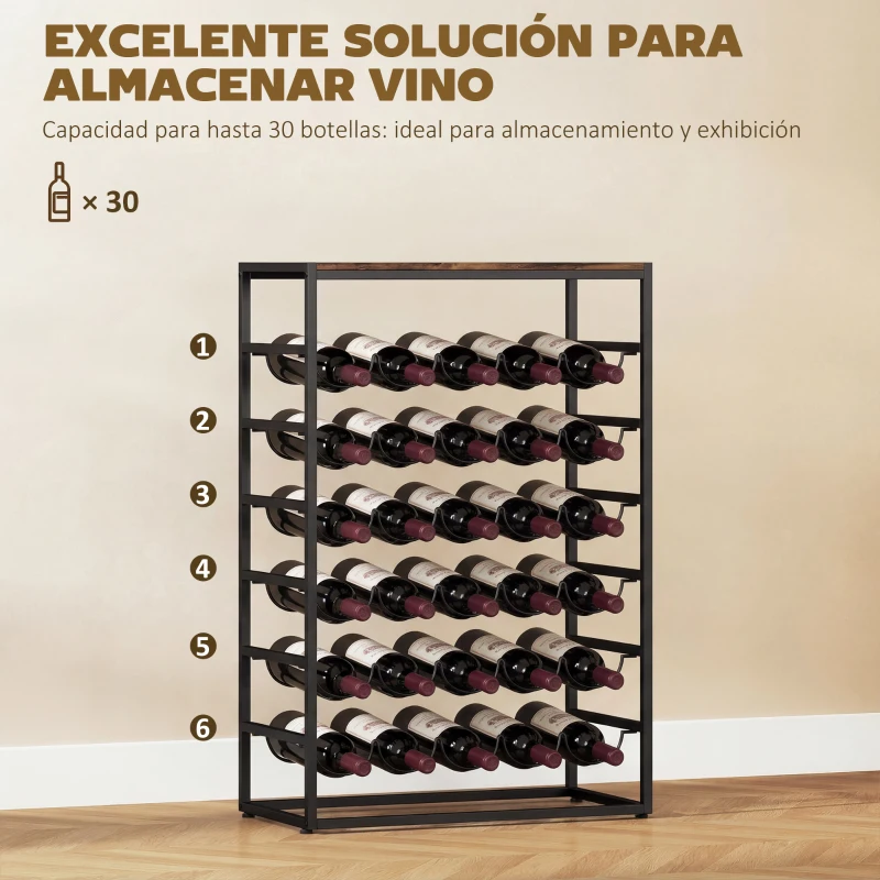 HOMCOM Botellero para 30 Botellas de 6 Niveles con Encimera de Efecto Madera Estilo Industrial 59x30x88,5 cm Marrón Rústico