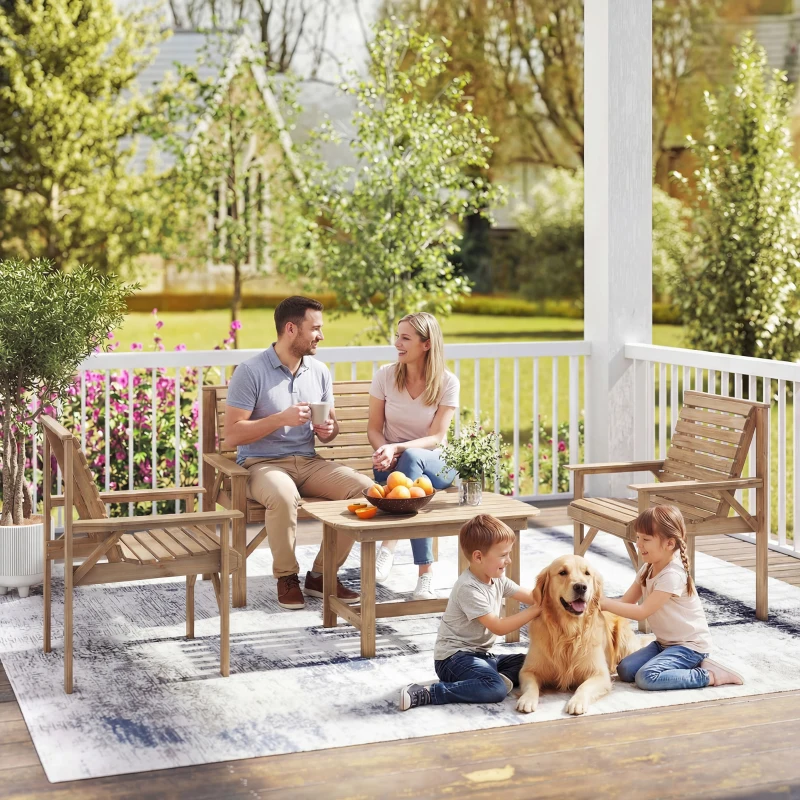 Outsunny 4 Piece Wooden Garden Furniture Set, Outdoor Garden Sofa Set with 2 Armchairs, Loveseat and Coffee Table, Natural Wood