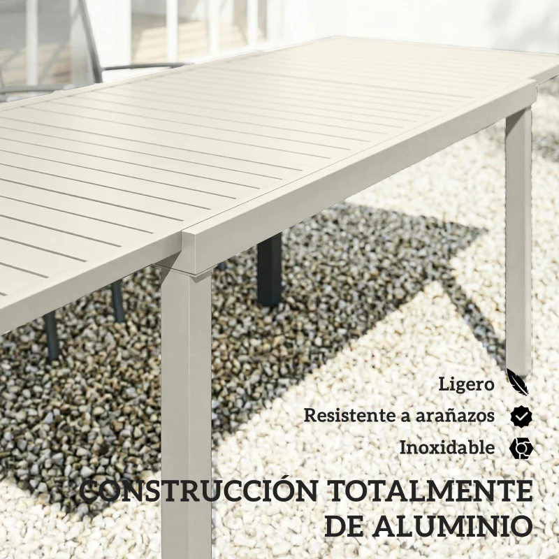 Outsunny Mesa de Jardín Extensible 150/225x85x75 cm Mesa de Comedor de Aluminio con Tablero de Listones para 6-8 Personas Blanco