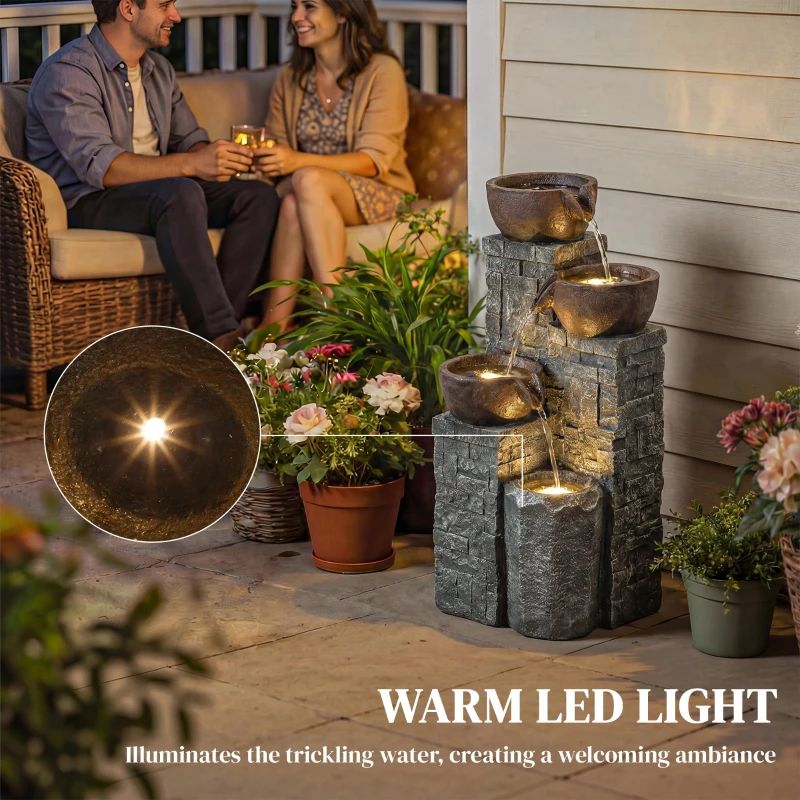 Outsunny 4-Tier Outdoor Fountain, Cascading Waterfall, Garden Fountain with LED Lights, Adjustable Flow, Grey and Rustic Brown