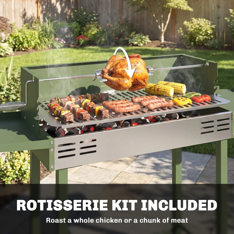 Outsunny BBQ Rotisserie Grill Roaster Charcoal Spit Roasting Machine for Chicken Turkey with 3-Level Grill Grate, Side Shelves, Dark Green