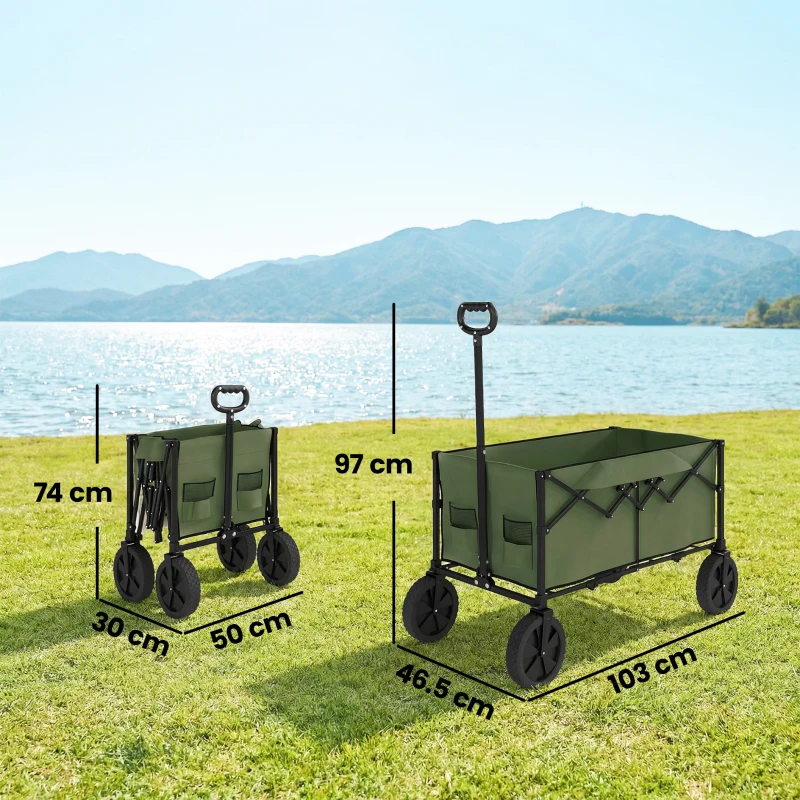 Outsunny 95L Foldable Festival Trolley on Wheels, Collapsible Wagon Cart with Adjustable Handle and 2 Cup Holders, Dark Green