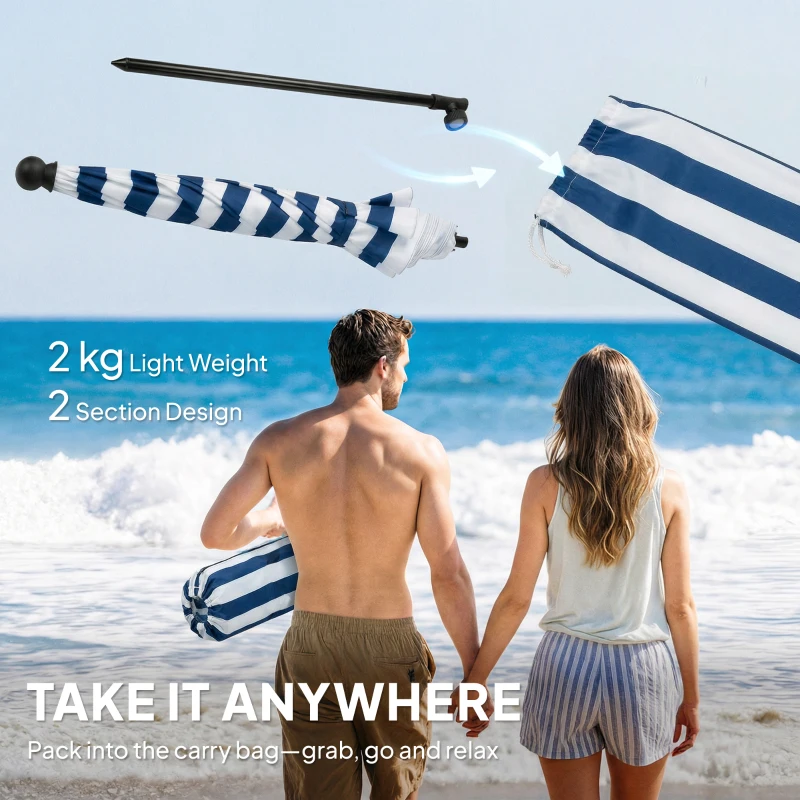 Outsunny 1.8 m Beach Umbrella Parasol with Sand Anchor, Portable 30° Tilting Patio Sun Shade with Adjustable Height, Blue/White