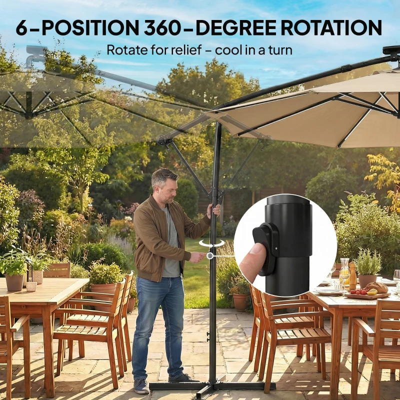 Outsunny 3 m Garden Cantilever Parasol with LED Solar Light, Round Overhanging Umbrella with 360° Rotation, Cover, Khaki