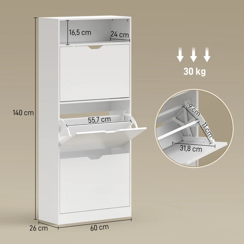 HOMCOM Meuble à chaussures 18 paires, armoire à chaussures étroite, 3 tiroirs rabattables, étagères réglables, blanc