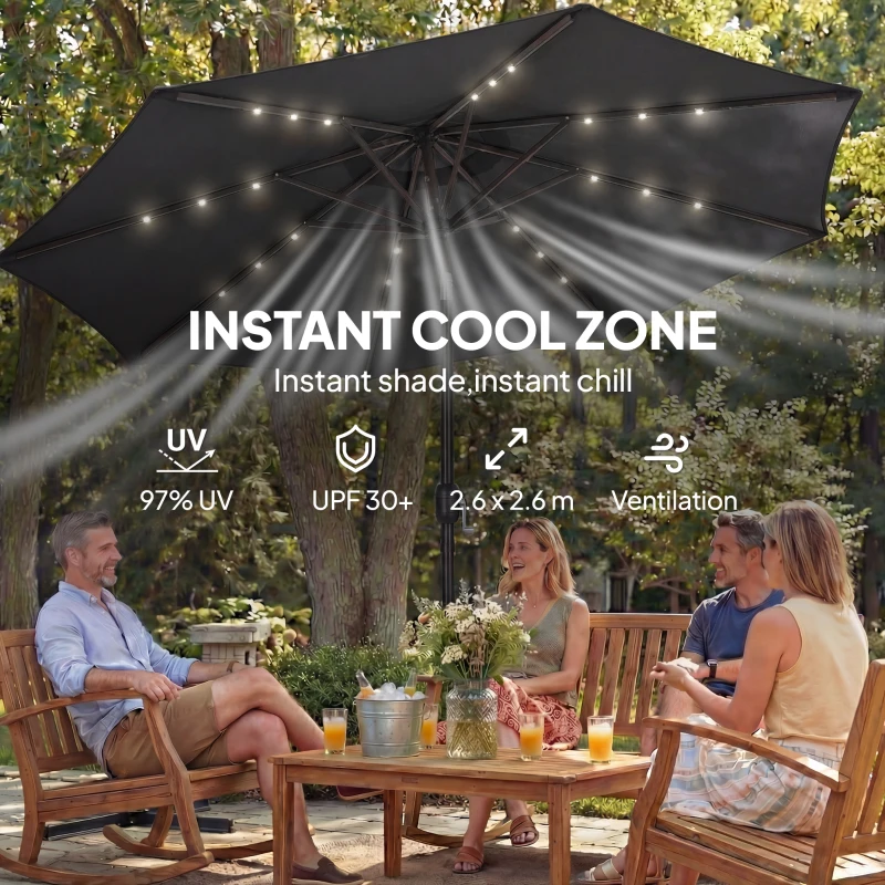 Outsunny 2.6 m Garden Parasol Umbrella with LED Solar Light, Parasol Cover, Outdoor Market Patio Umbrella, Black