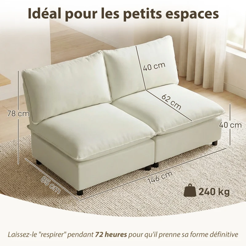 HOMCOM Canapé 2 places modulable, canapé de salon moderne 146 cm sans accoudoirs avec assise large, coussins épais, crème