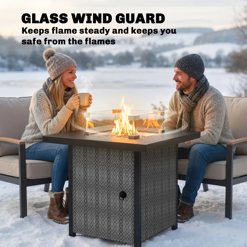 Outsunny Propane Gas Fire Pit Table for Garden, 11.7 KW Smokeless Firepit Outdoor Heater with Wind Guard, Glass Rocks, Lid, Black