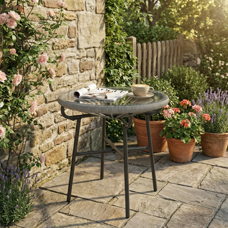 Outsunny Rattan Side Table, Round Outdoor Coffee Table, with Round PE Rattan and Tempered Glass Tabletop, Light Grey