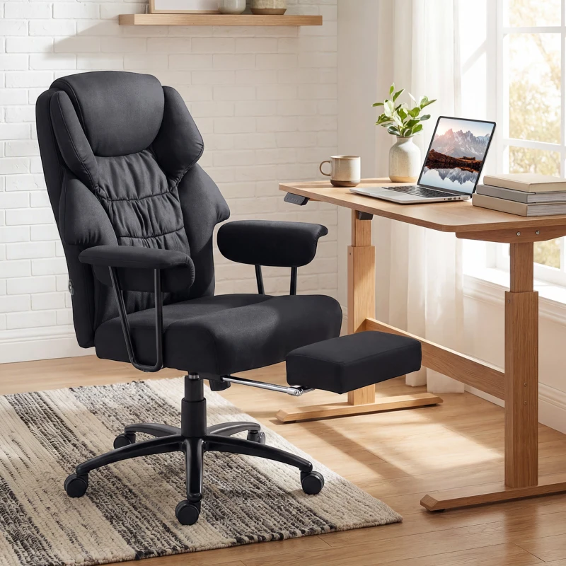 HOMCOM 3D Kneedmassage Bureaustoel met Voetsteun, Verstelbare Computerstoel met Hoge Rugleuning, Leathaire Bekleding, Zwart