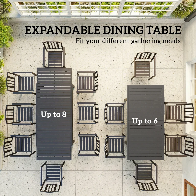 Outsunny Extending Garden Table for 6-8 People, Full Aluminium Outdoor Dining Table with Slatted Top, Dark Grey
