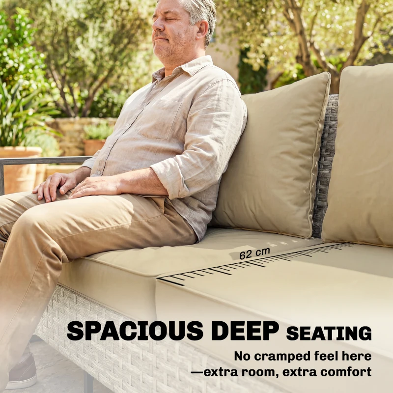 Outsunny 4 Piece Rattan Garden Furniture Set with 3-Seater Sofa, Armchairs, Table, Aluminium Frame Patio Conversation Set, Khaki