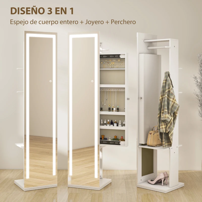 HOMCOM Espejo Joyero con Luces LED Espejo Entero Giratorio de 360° Estantes Abiertos Barras para Colgar Blanco