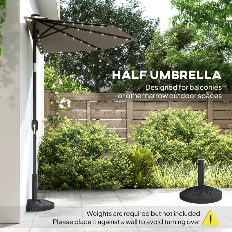 Outsunny 2.6 m Half Garden Parasol with Solar LED Lights, UPF50+ Semi Round Umbrella with 30° Tilt, Crank Handle, Dark Grey