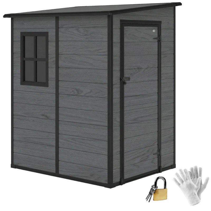 Outsunny 4'x5' Garden Storage Shed, Lean to Shed, Lockable Garden Shed with Window, Vent and Plastic Roof, Wood-Effect