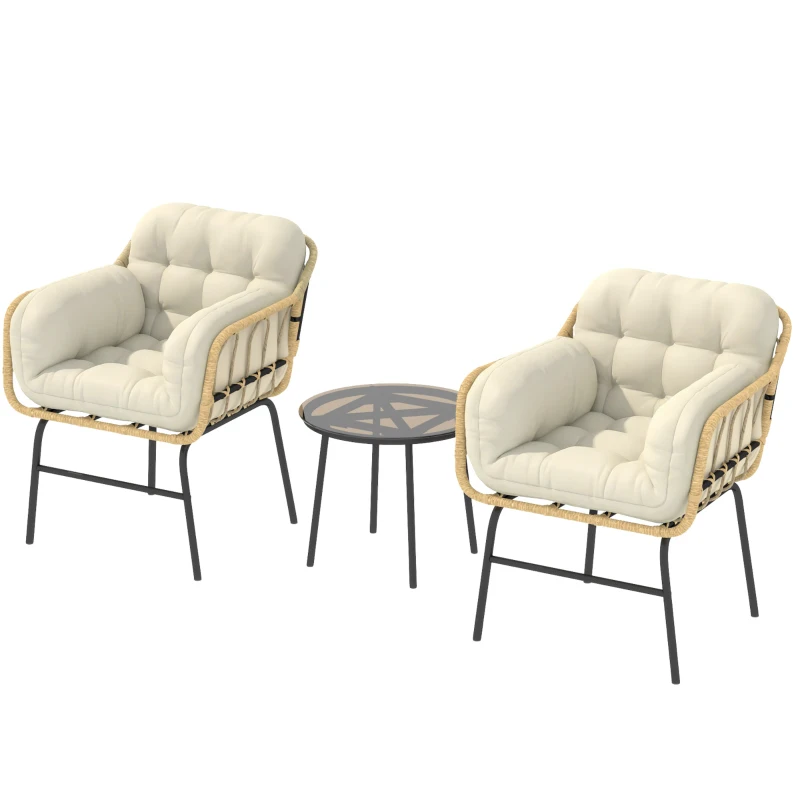 Outsunny Set mobilier exterior 3 piese din rășină împletită, masă din sticlă securizată, 2 fotolii cu perne, 62x73x79cm, Kaki