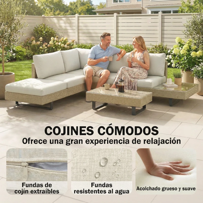 Outsunny Conjunto de Jardín Exterior de Ratán de 3 Piezas con Sofá Modular de 3 y 2 Plazas Mesa Lateral Mesa de Centro Cojines