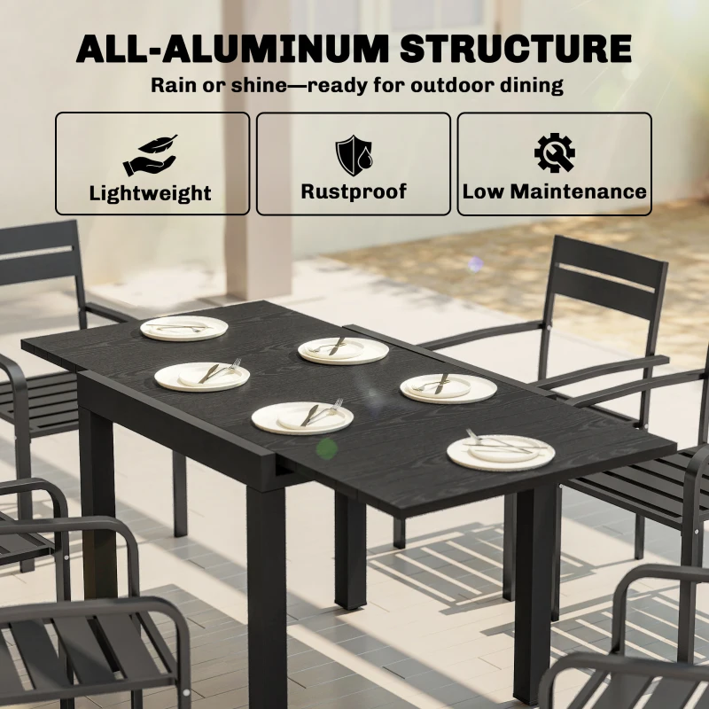Outsunny Extending Garden Table for 4-6, Aluminium Outdoor Dining Table with Faux Wood Slatted Top, Black
