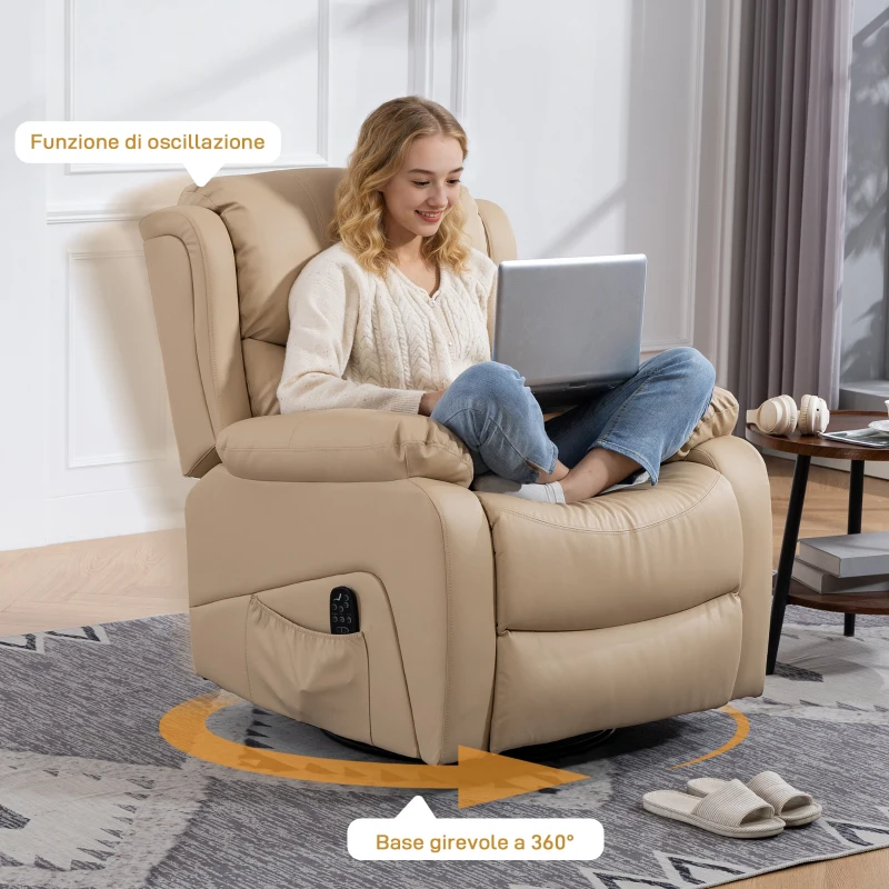 HOMCOM Poltrona Relax Reclinabile con 8 Punti Massaggianti, Riscaldanti e Poggiapiedi, 87x97X100 cm, Beige