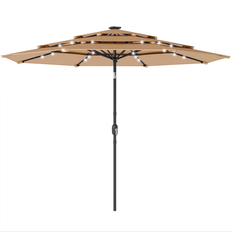 Outsunny 2.8 m Garden Parasol Umbrella with LED Solar Light, Parasol Cover, 3 Tier Outdoor Table Market Patio Umbrella, Khaki