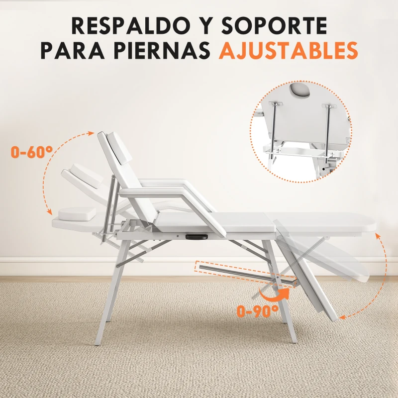 HOMCOM Camilla Masaje Plegable Portátil de 3 Zonas con Respaldo Ajustable Reposacabezas Reposabrazos 182x82x68 cm Blanco