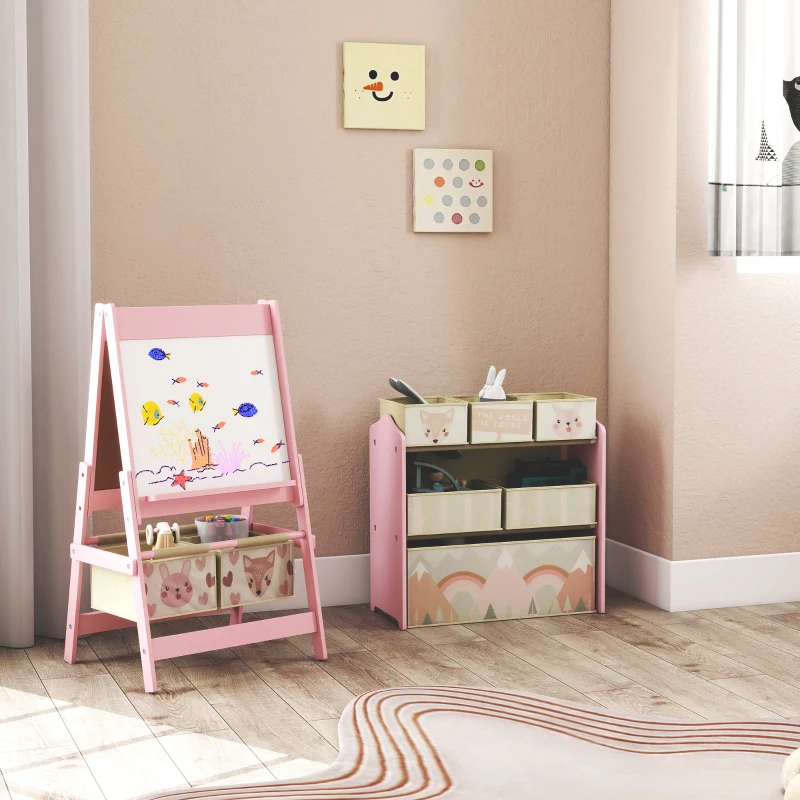 Tableau chevalet double-face rouleau papier 2 paniers + meuble à jouets de rangement à 6 boîtes, 63 x 30 x 66 cm, rose