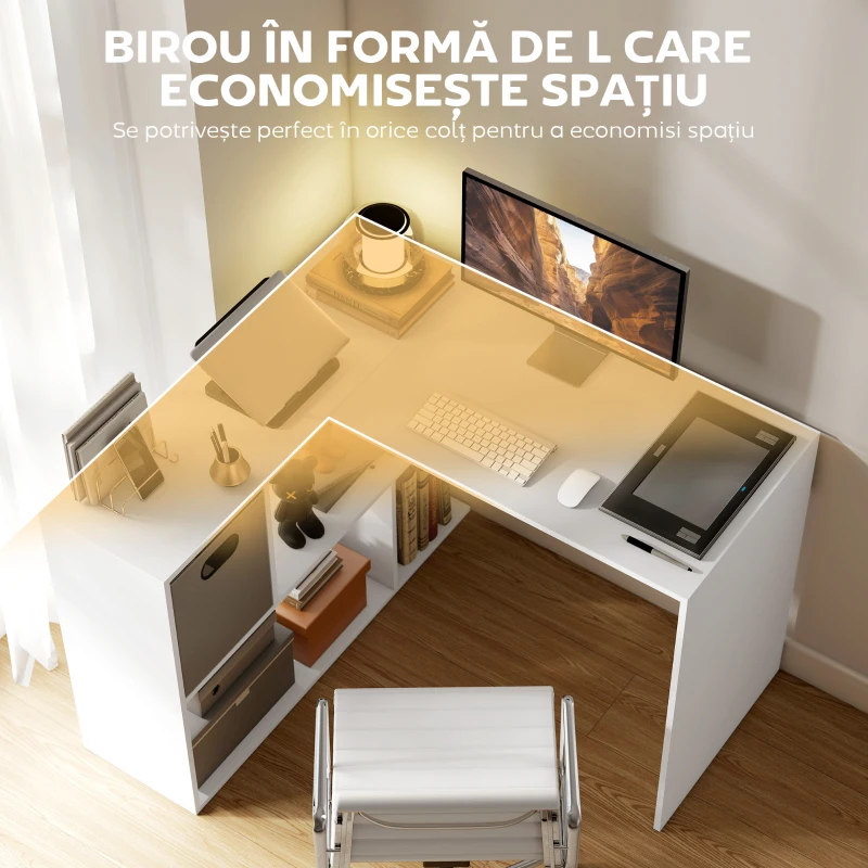 HOMCOM Birou în Formă de L pentru Computer, 110x100 cm, Birou cu Raft și Sertar din Material Textil, Masă PC pentru Dormitor, Birou și Cameră de Studiu, Alb