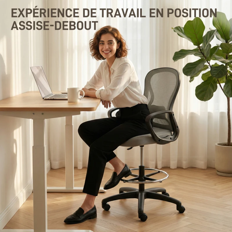 Vinsetto Chaise bureau ergonomique, fauteuil de bureau avec repose-pieds et accoudoirs, en maille, 59 x 65 x 123 cm, Gris