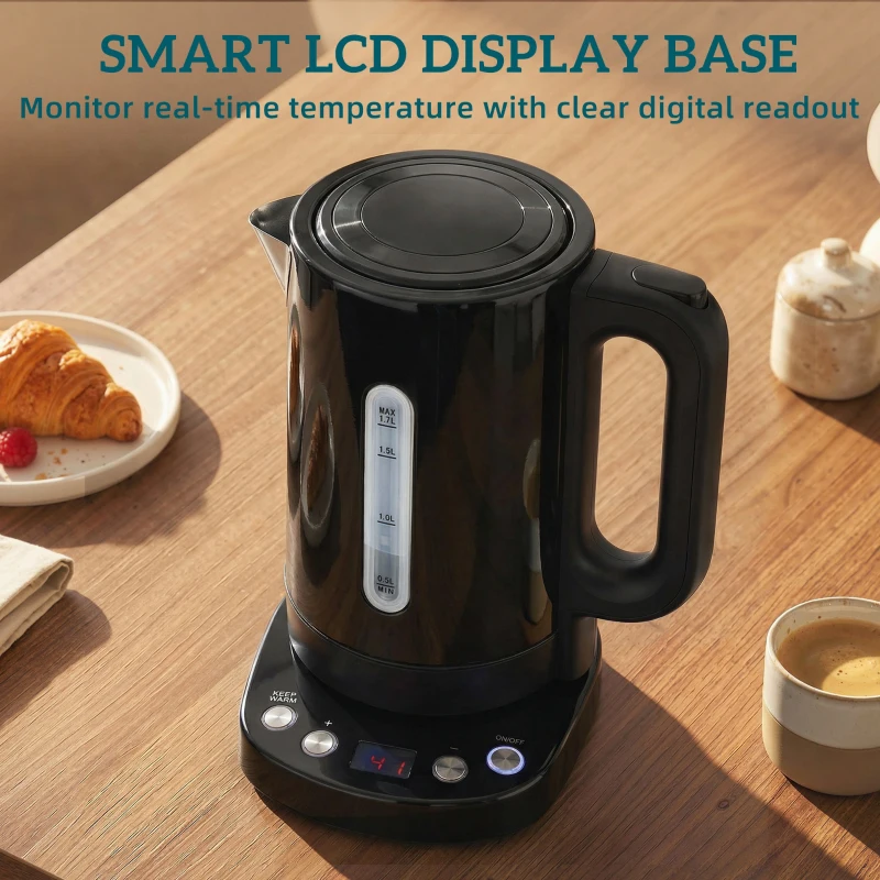 HOMCOM Electric Kettle, 1.7L, Fast Boil, 3kW Water Kettle with UK Strix Thermostat, Keep Warm Function, LCD Base, Black