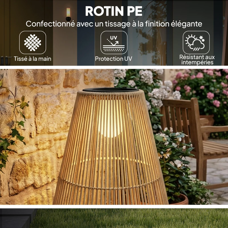 Outsunny Lanterne Solaire Extérieure en résine tressée lampadaire sans fil rechargeable  capteur de lumière 35 x 35 x 55 cm jaune
