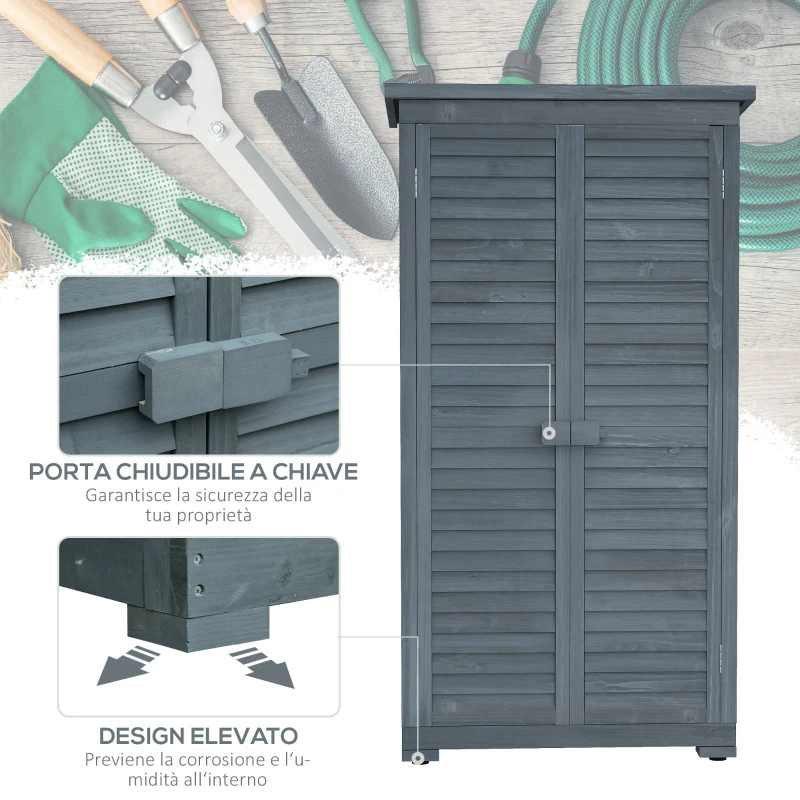 Outsunny Armadio da Esterno in Legno con 2 Porte a Persiana e Ripiani Interni, 87x46.5x160 cm, Grigio