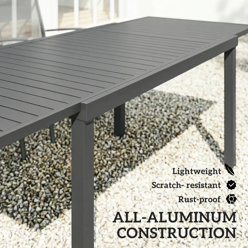 Outsunny Extending Garden Table for 6-8 People, Full Aluminium Outdoor Dining Table with Slatted Top, Dark Grey
