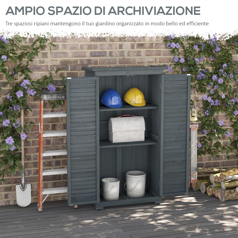 Outsunny Armadio da Esterno in Legno con 2 Porte a Persiana e Ripiani Interni, 87x46.5x160 cm, Grigio