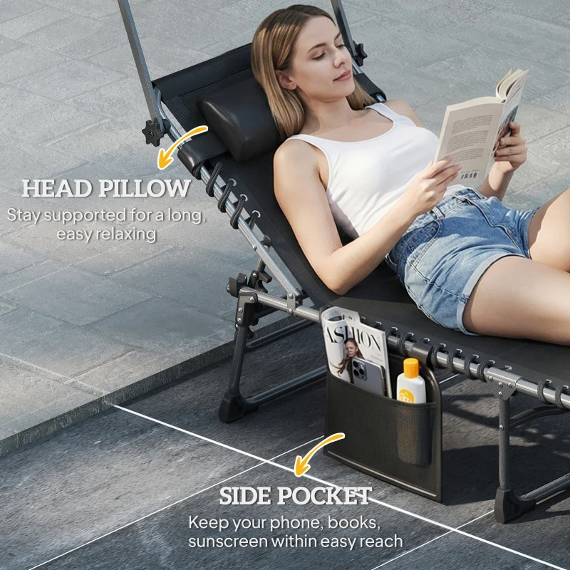 Outsunny Folding Sun Lounger with Canopy, Reclining Sunbed with Cushion, Side Pocket, Carrying Handle, Black