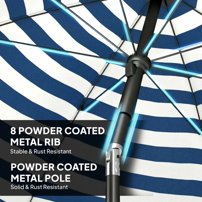 Outsunny 1.8 m Beach Umbrella Parasol with Sand Anchor, Portable 30° Tilting Patio Sun Shade with Adjustable Height, Blue/White