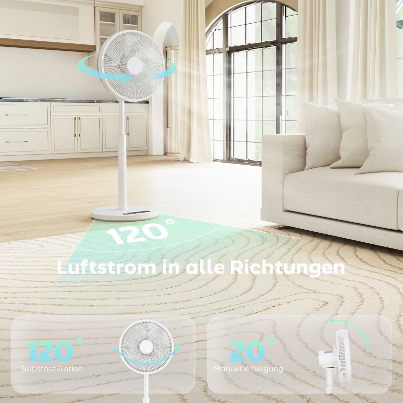 HOMCOM Staande Ventilator met Afstandsbediening en 12 Snelheden, Vloerstandventilator met Verstelbare Hoogte voor de Slaapkamer, Wit
