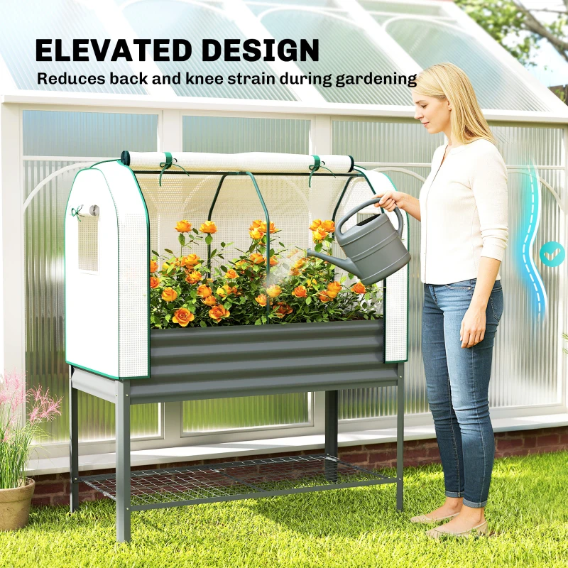 Outsunny Galvanised Raised Planter with Greenhouse Cover, Metal Raised Garden Bed on Legs with Bed Liner and Bottom Shelf