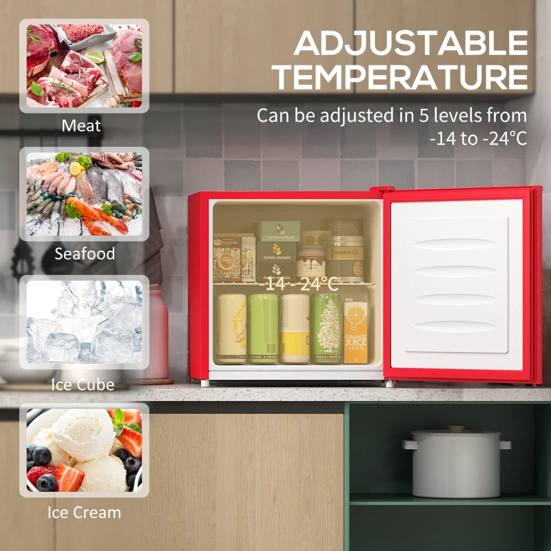 HOMCOM Tafelvriezer met 35 liter capaciteit, kleine vriezer met omkeerbare deur, rood