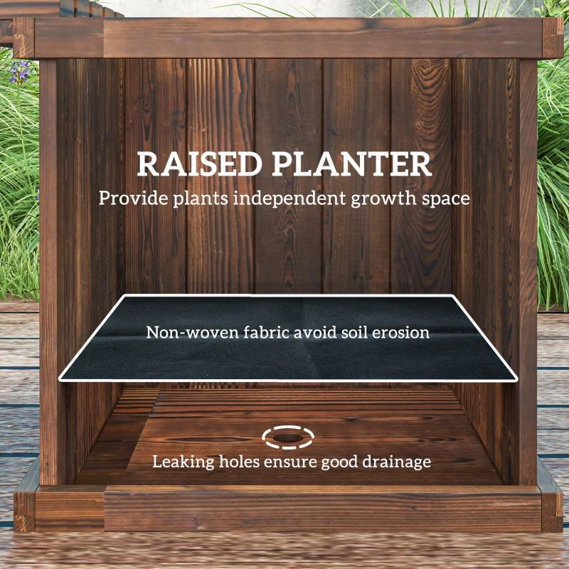 Outsunny Wooden Garden Planter & Bench Combination Garden Raised Bed Patio Park Carbonised Finish 176 x 38 x 40 cm