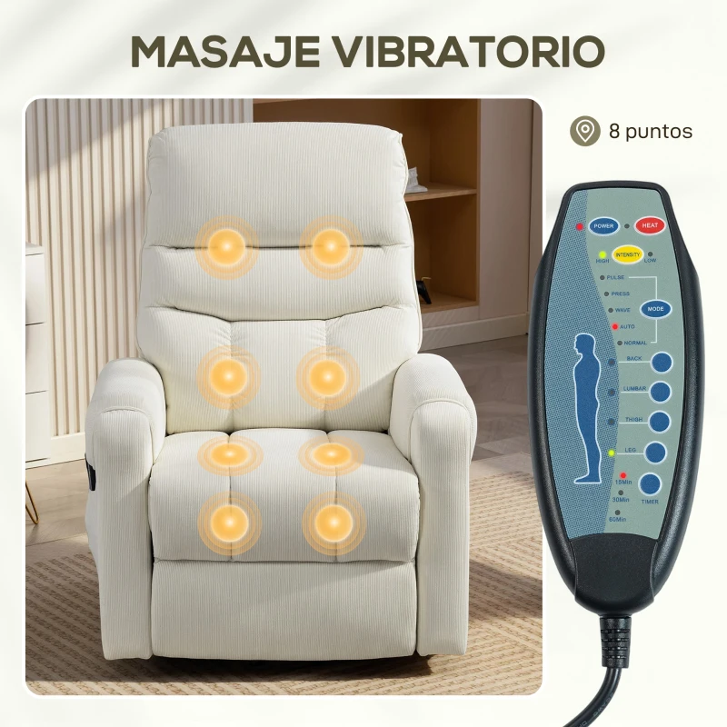 HOMCOM Sillón Levanta Personas con 8 Punto de Masaje Reposapiés Mando a Distancia y Bolsillo Lateral 83x92x110 cm Beige
