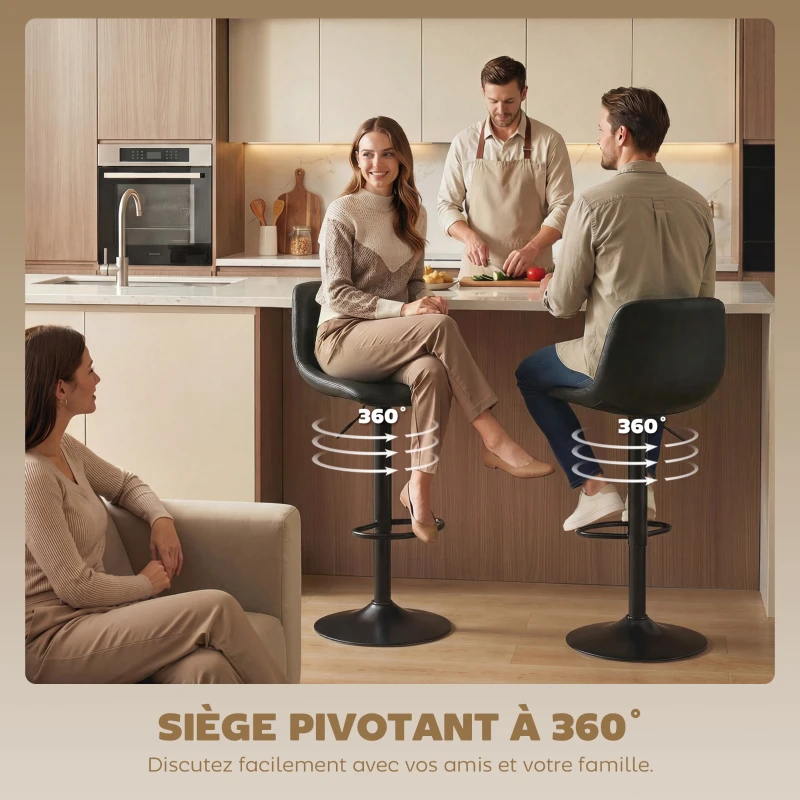 HOMCOM Lot de 2 tabourets de bar, chaises de bar hauteur réglable, dossier et repose-pieds, pivotant 360°, pieds en acier, noir