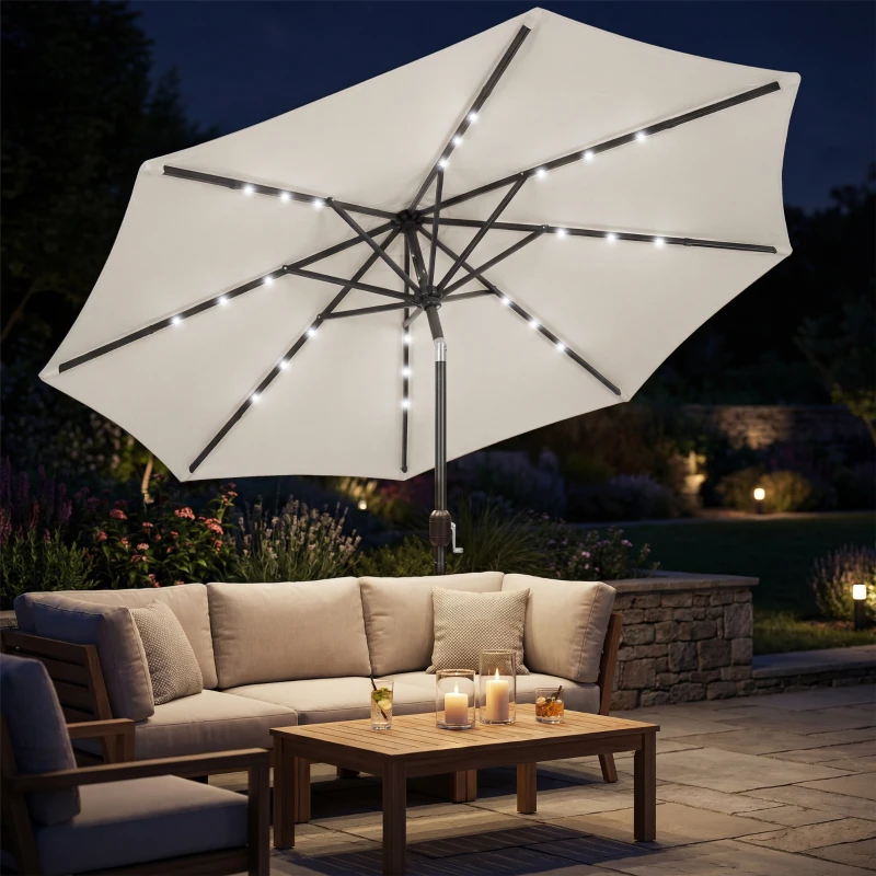 Outsunny 2.6 m Garden Parasol Umbrella with LED Solar Light, Parasol Cover, Outdoor Market Patio Umbrella, Cream White