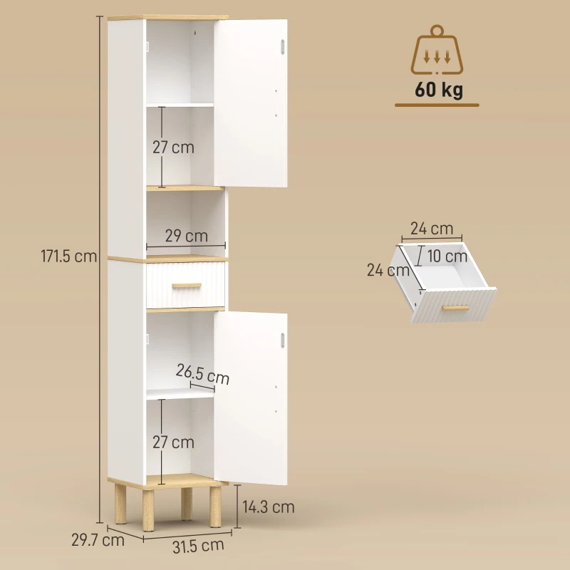HOMCOM Armadietto 172 cm, Mobile Bagno con Cassetto e Ripiani Regolabili, Bianco
