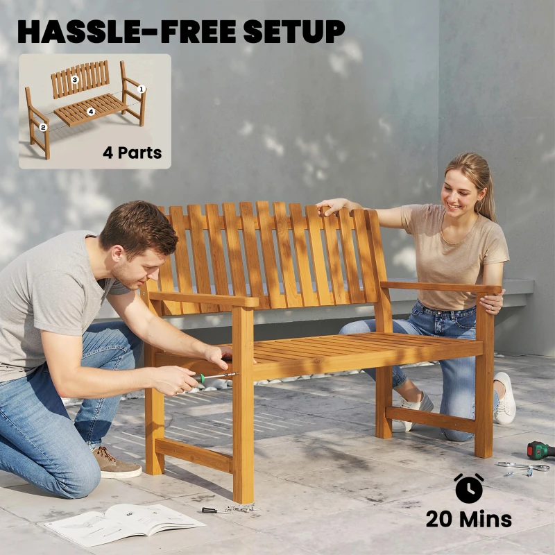 Outsunny Ławka ogrodowa 2-osobowa, odporna na warunki atmosferyczne, drewniana ławka z lamelowym designem i podłokietnikami, do 320 kg, 112 x 64 x 92 cm, naturalne drewno