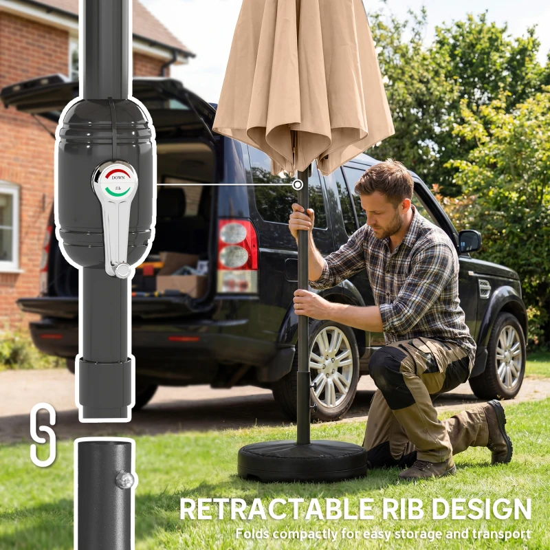 Outsunny 2.7 m Garden Parasol Umbrella with Cross Base and Sandbag, Retractable Ribs, Outdoor Table Market Umbrella, Khaki