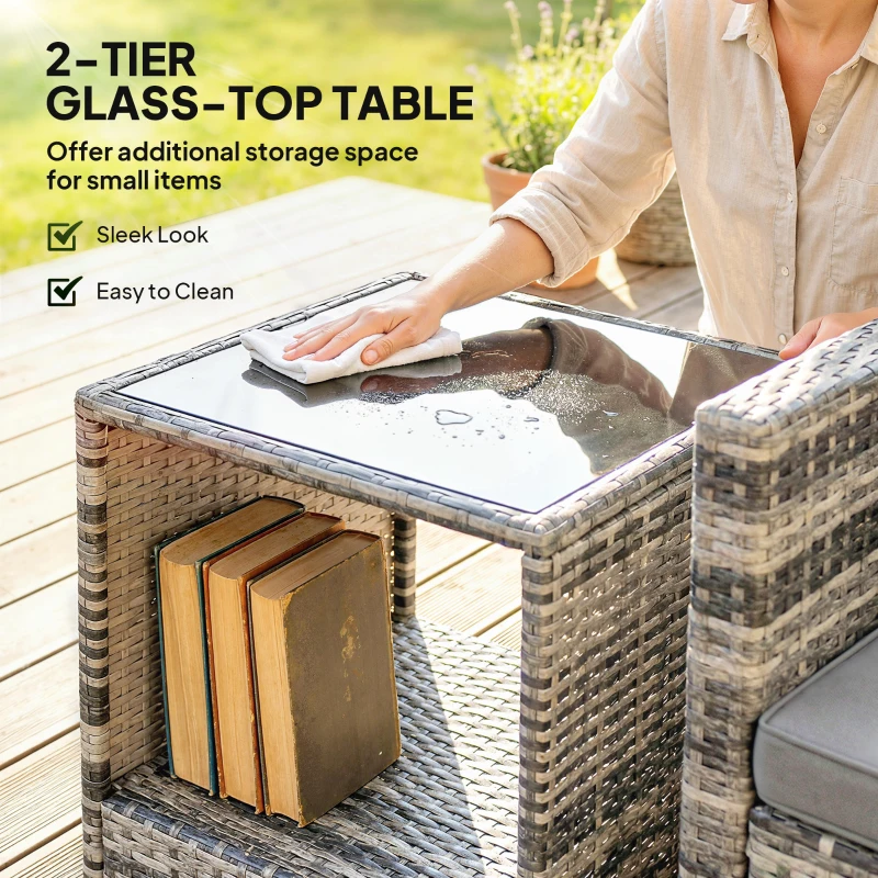 Outsunny Rattan Bistro Set, 3 Piece Garden Furniture Set with 2 Tier Glass Top Table and Cushions, Mixed Grey
