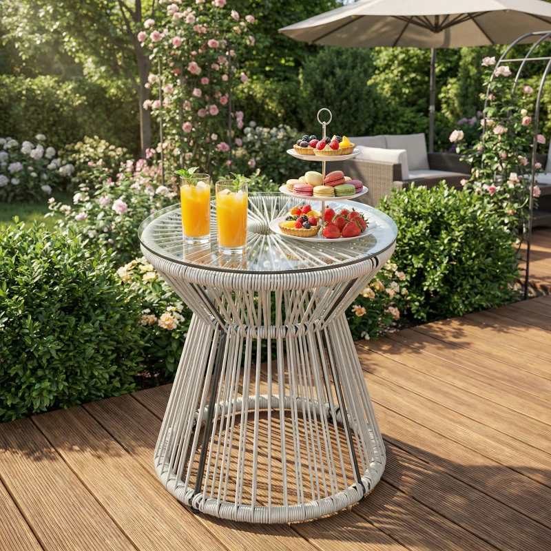 Outsunny Rattan Outdoor Coffee Table, PE Rattan Wicker Bistro Side Table with Tempered Glass Top, Light Grey