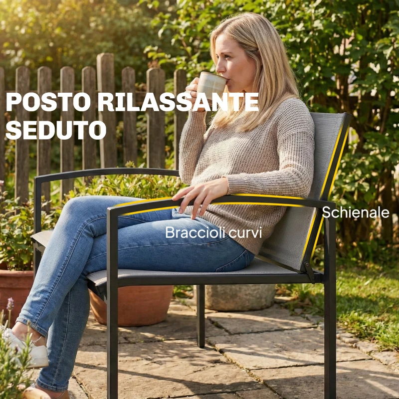 Outsunny panca da giardino in metallo, 2 posti, tessuto traspirante Texteline, colore grigio.