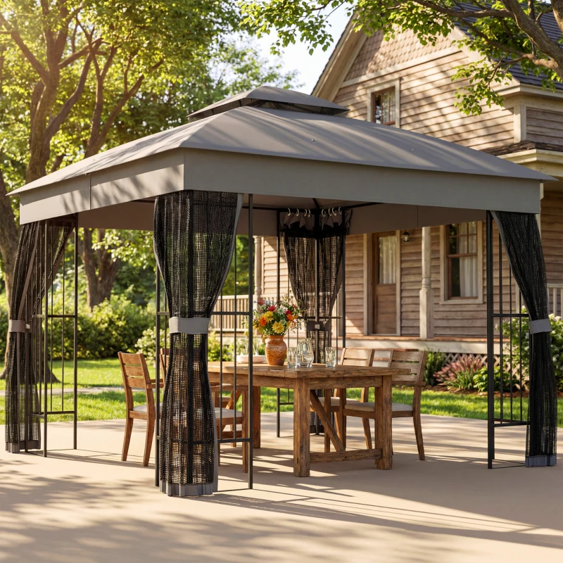 Outsunny 3 x 3 m Outdoor Garden Gazebo with Post Shelves, UPF50+ Double Roof Patio Permanent Pavilion, Grey